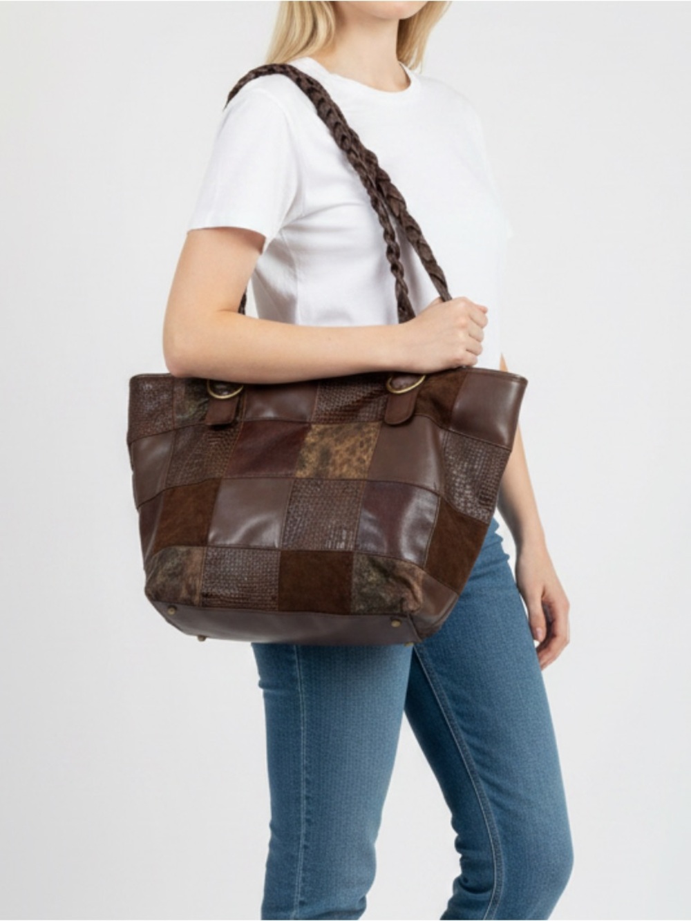 Bueno Brown Patchwork Leather Shoulder Bag with Braided Handles